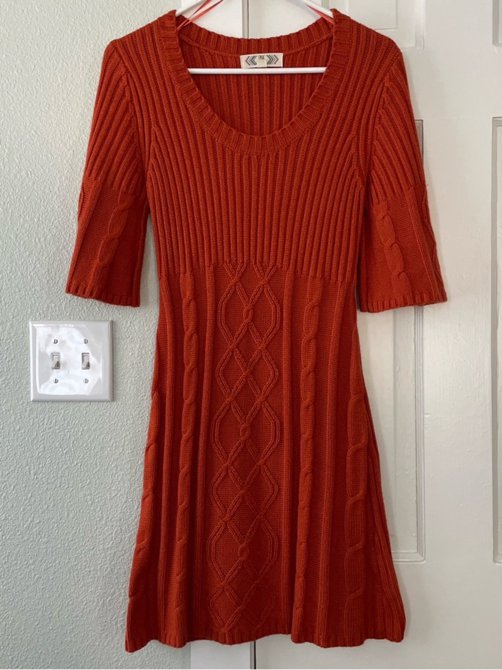 Pink Rose Cable-Knit Scoop-Neck Midi Dress in Rust Orange
